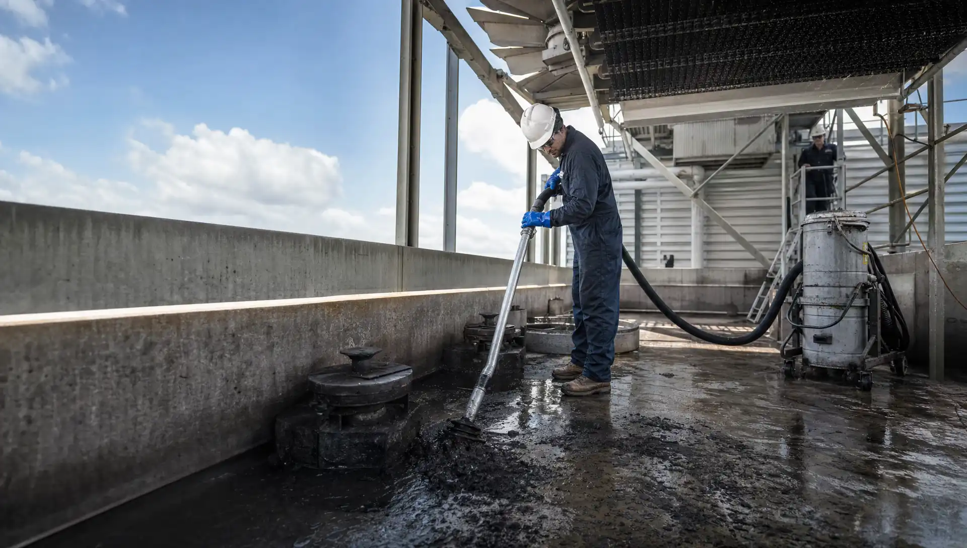 Service-Tech technician removing basin sediment during cooling tower cleaning and disinfection at a Tallahassee institutional chiller plant