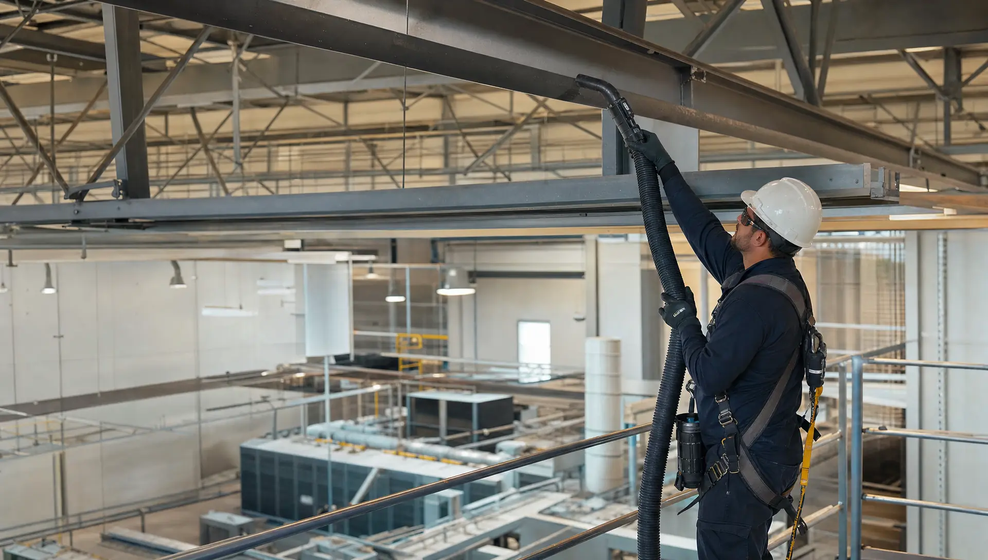 Service-Tech technician HEPA-vacuuming overhead dust from structural steel in a Tallahassee institutional facility
