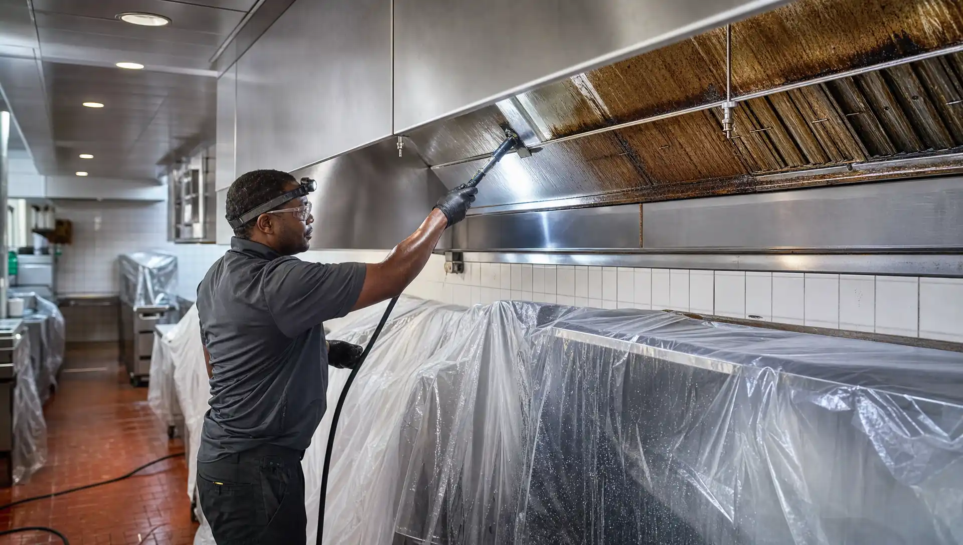 Service-Tech technician scraping grease from a commercial kitchen exhaust hood to bare metal in a Tallahassee institutional dining facility