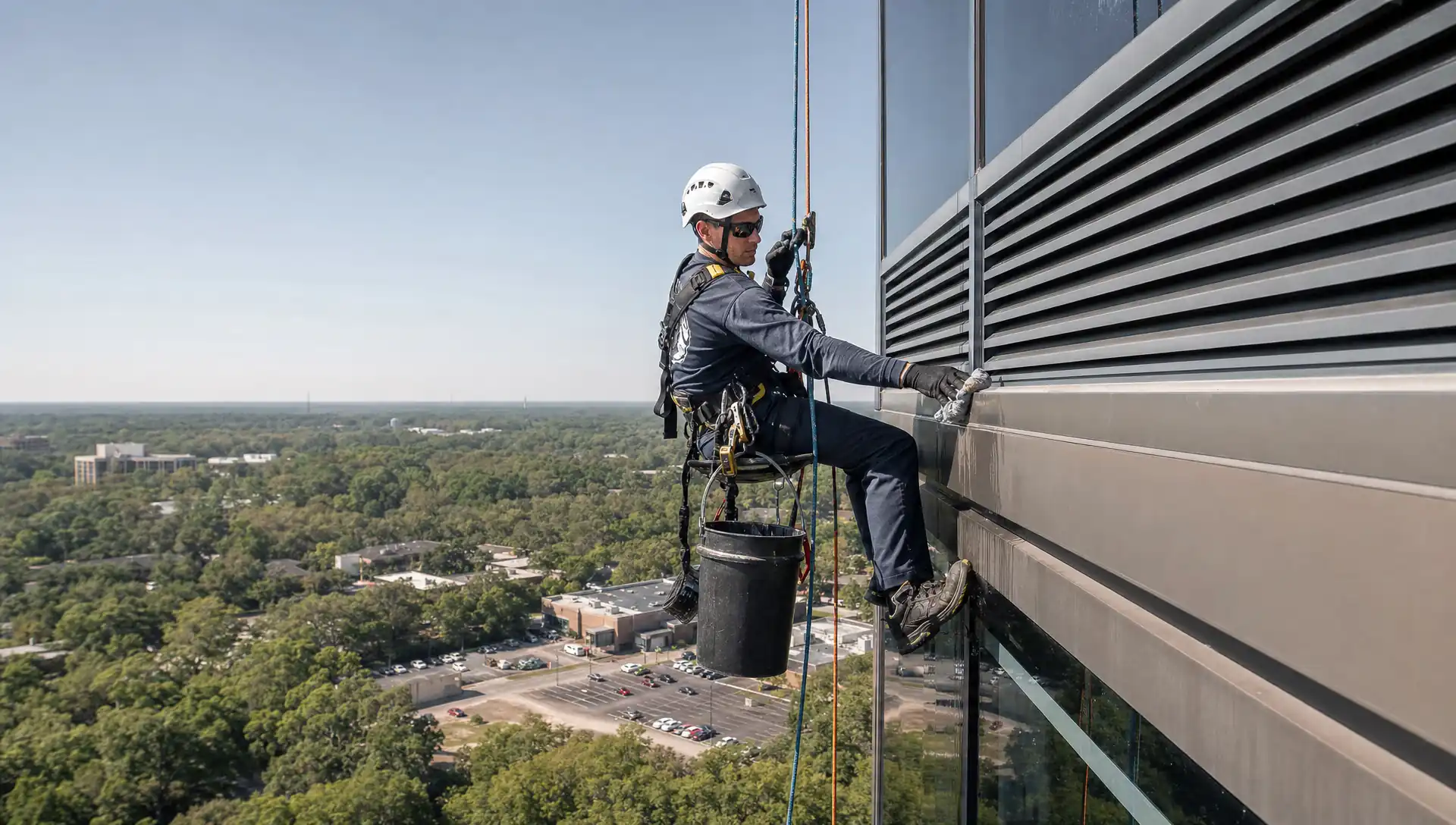 Service-Tech rope access technician on a redundant two-rope system cleaning the upper facade of a Tallahassee high-rise building