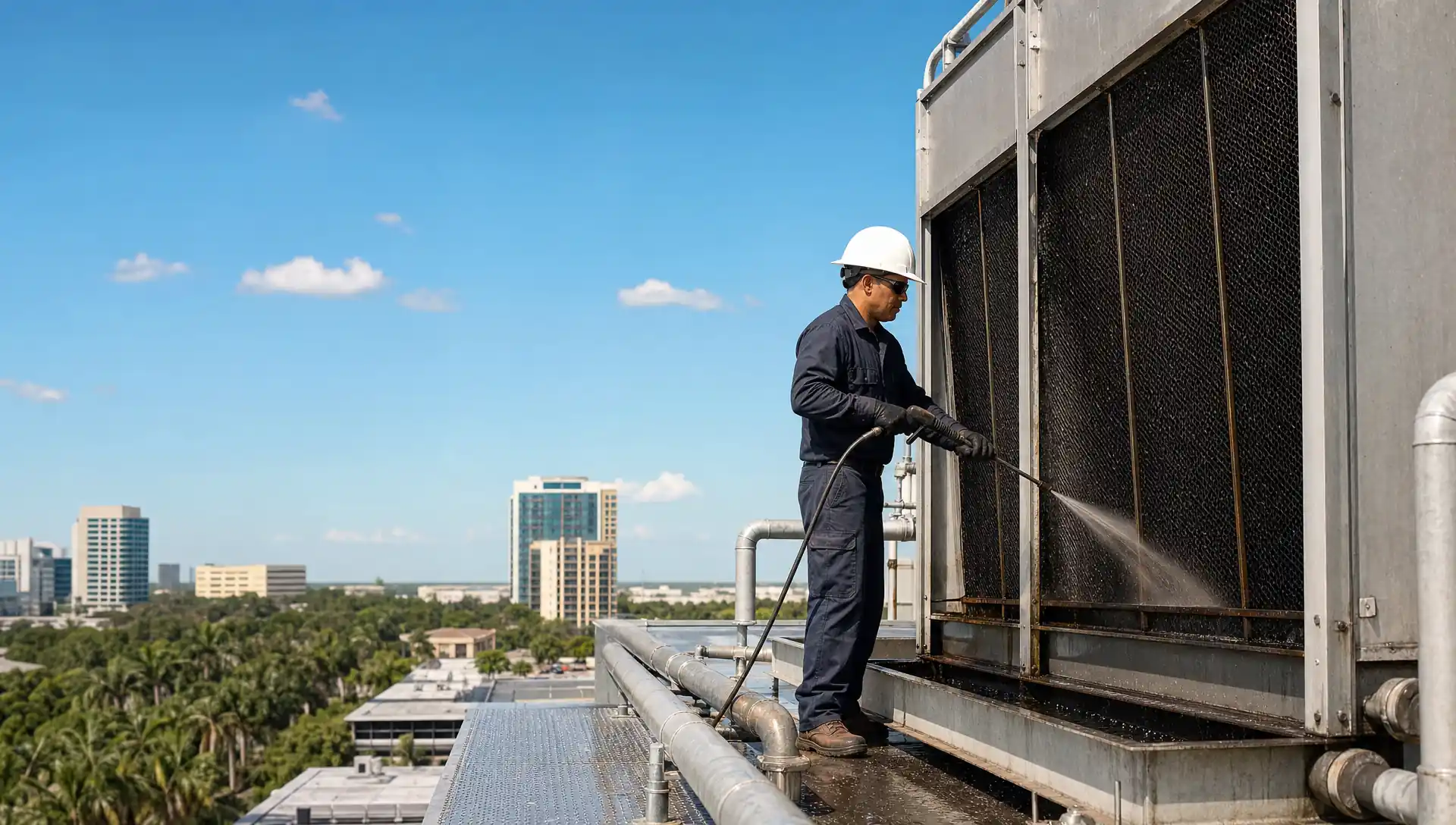 Service-Tech technician cleaning a rooftop cooling tower on a Tampa Florida high-rise during year-round cooling season
