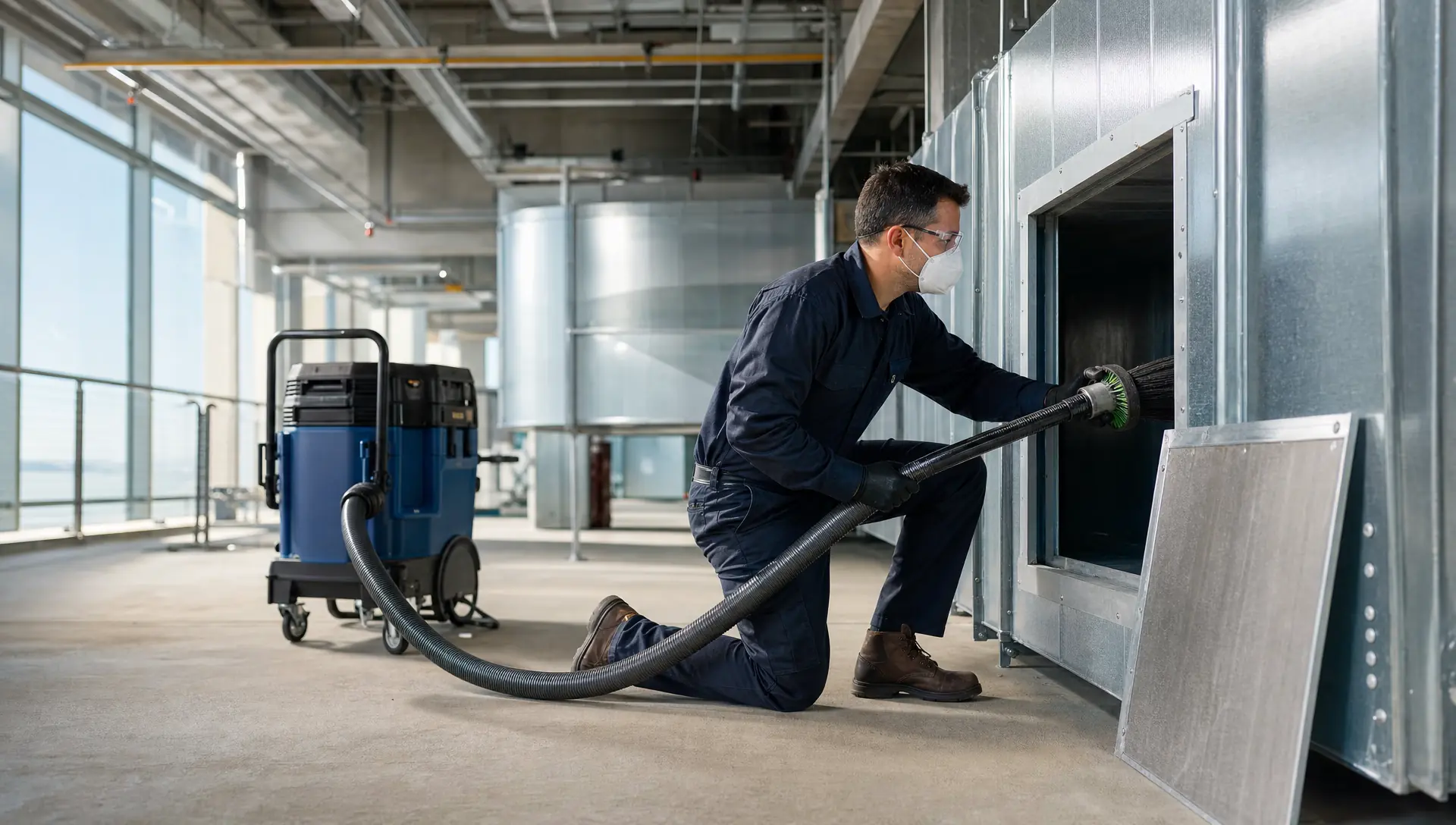 Service-Tech Corporation technician cleaning a commercial air handling unit coil under negative-pressure containment at a Tampa, Florida facility