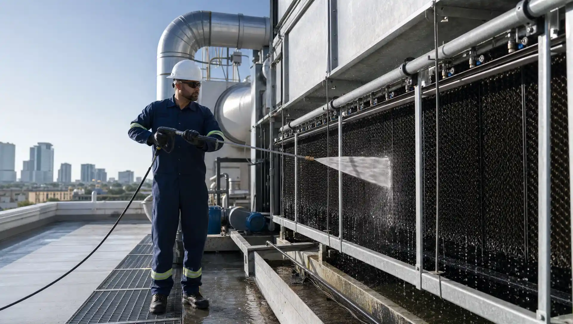 Service-Tech Corporation technicians cleaning fill media and removing basin sediment from a rooftop cooling tower at a Tampa, Florida commercial building