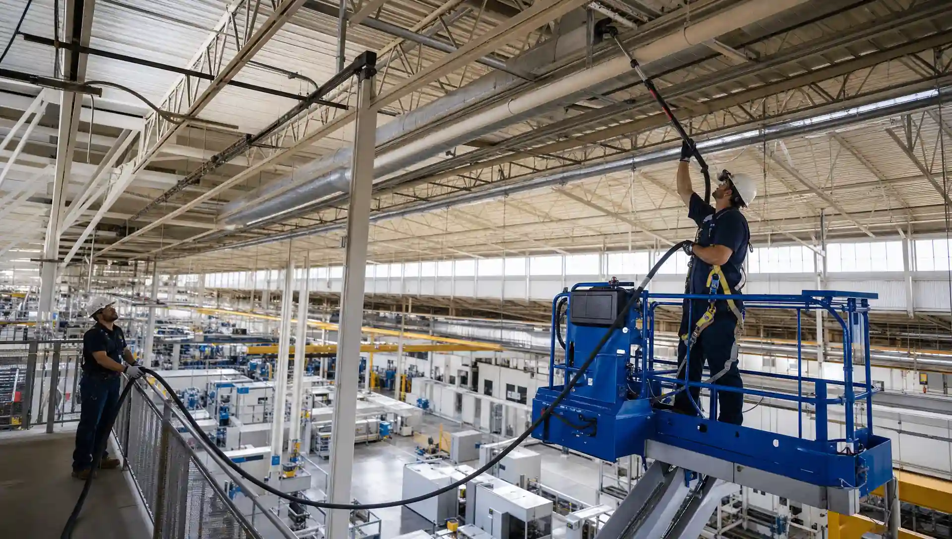 Service-Tech Corporation crew performing overhead industrial cleaning with HEPA vacuum equipment in a Tampa, Florida distribution facility