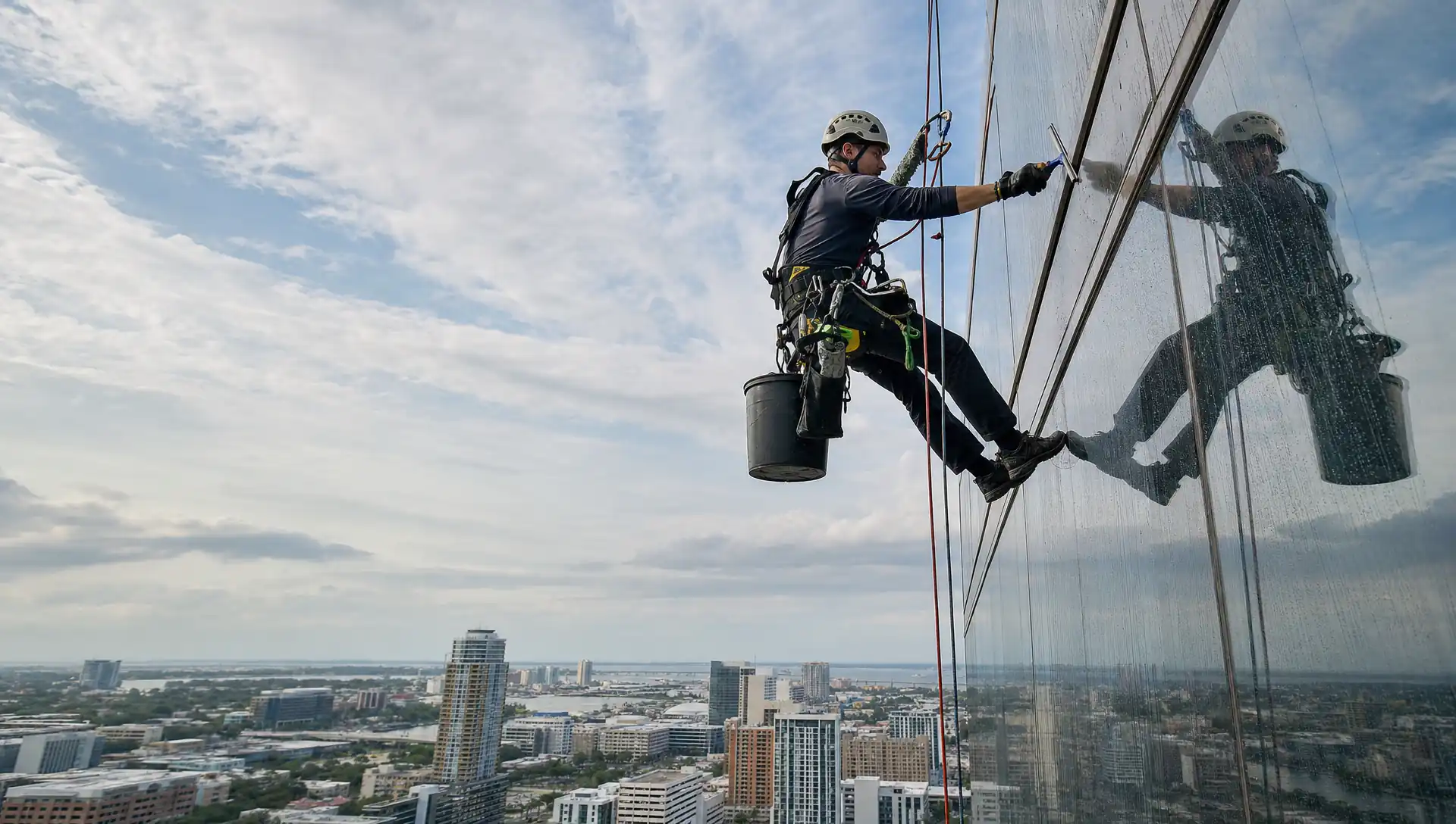 Service-Tech Corporation rope access technician descending a Tampa, Florida high-rise facade on a redundant two-rope system for exterior cleaning