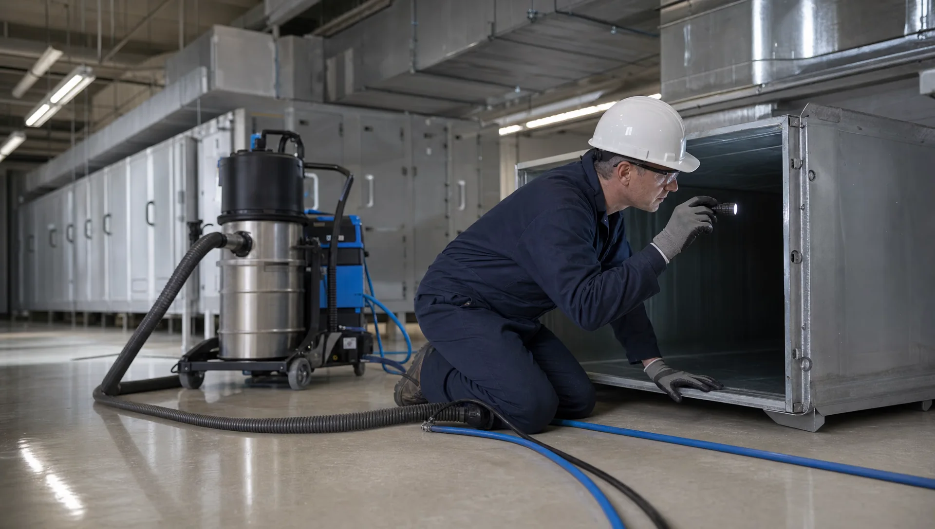 Service-Tech technician setting up negative-pressure containment equipment on a commercial air duct cleaning job